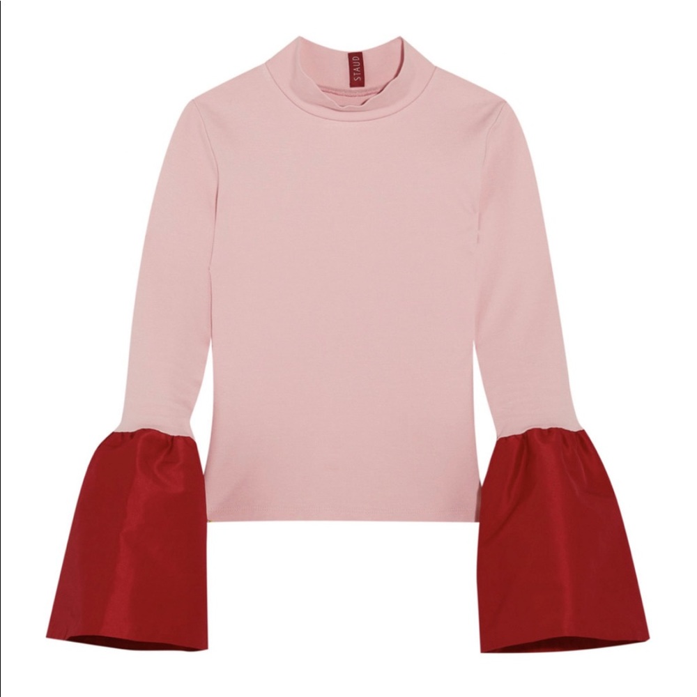 STAUD Pink Red Flare Sleeve Colorblock Mock Neck Long Sleeve Blouse XS